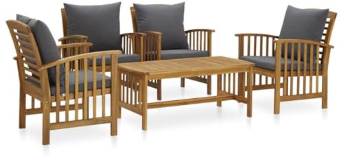 Willood 5 TLG. Garten Lounge Set mit Auflagen Gartenmöbel Sofa Lounge Sitzgruppe Gartenset Ecksofa Mittelsofa Massivholz Akazie Grau 4X Sessel + Tisch
