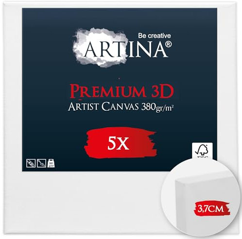 Artina Lot de 5 Premium 3D Canvas Toile Peinture 90x90 cm – FSC® Châssis Bois pour Toiles 100% Coton 380 g/m² sans Acide – Tableau a Peindre Blanche Peinture Stable Cadre Apprêté 3 Fois
