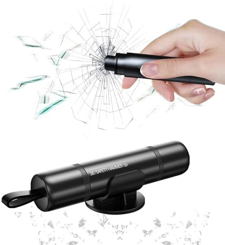 BOBOPACK Portátil Martillo Rompe Cristales Coche Emergencia 2 Pack - Rompe Lunash y Corta Cinturones, Aleación de Aluminio Negro con Cuchilla Seguridad, Certificado CE para Auto/Camión/Autobús