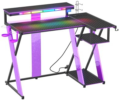 Bestier Gaming Desk with Music Sync Light, Flow Vibe L-Shaped Gaming Desk with Monitor Stand and PS5 Storage Shelves, Cup Holders, and Headset Hooks (Black Purple, 42 Inch)