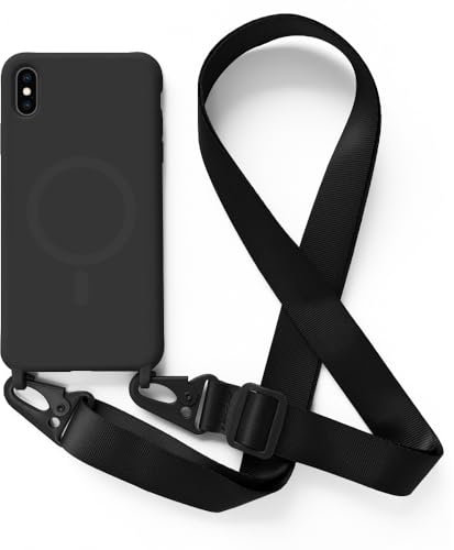 Leather Armor Handykette Hülle für iPhone XS Max mit Band Halsband Lanyard (abnehmbar) Handyhülle, Verstellbarer Lanyard.Magnetisch Stoßfest Silikonhülle Wireless Charging kompatibel .-Schwarz
