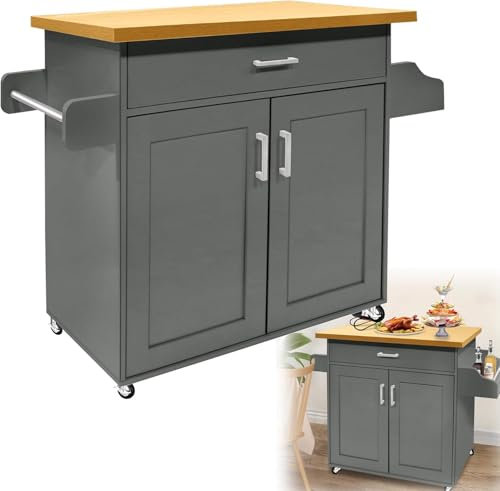 VANCHEMO Küchenwagen mit Rollen Kücheninsel Küchen Wagen Rollwagen Kücheninselwagen mit Arbeitsplatte Küchenschrank mit Schubladen Ebenen Schrank, 115x36x90cm (Grau)