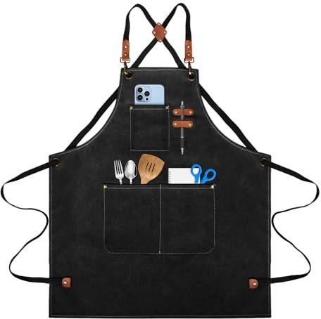 lompyeu Delantal de Cocina,Delantal de Barbacoa Impermeable con 3 Bolsillos,Delantal de Cocina Lienzo para Hombres y Mujeres,Correa Ajustable,para peluquero, Restaurante, Café, Jardinería (Negro)