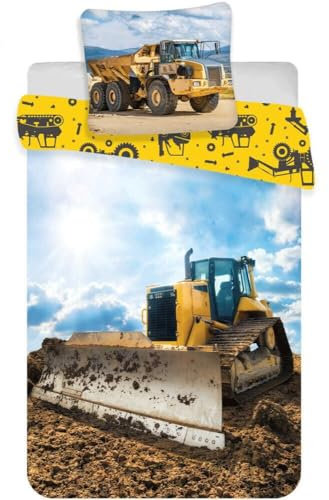 WS-Trend Bulldozer & Kipper Bettwäsche 100x135 cm – Babybettwäsche im Baustellen-Look – 2-teiliges Set mit Kissenbezug 40x60 cm – 100% Baumwolle – Maschinenmotive für kleine Baustellen-Fans