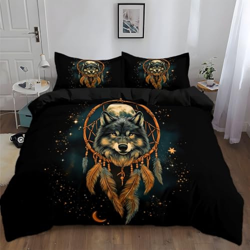 Fantasy-Stil Traumfänger Wolf Bettwäschezug Set 135 x 200 cm, 3D Schwarz Bettbezug Set, Leichtgewichtig Betten Set mit Reißverschluss, für alle Jahreszeiten Bequem und Atmungsaktiv Weich Bettwäsche
