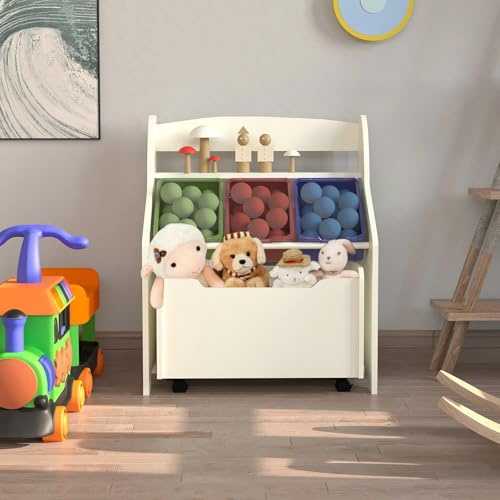HYGRAD® Wooden Kids Toy Storage Organizer, 3 Plastic Bins, Extra Rolling Toy Box Chest & Storage Shelf, Toddler Furniture Storage Unit with Wheels for Child's Bedroom Playroom (White)