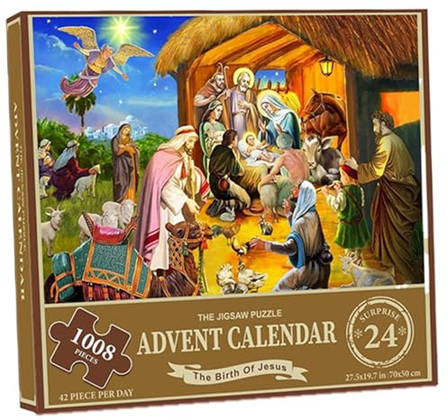Pesoncarl Christmas Decorations, Christmas Advent Calendar, 1008 Pieces Jigsaw Puzzle, 24 Days The Birth of Jesus Countdown Calendar, Advent Puzzle for Adult Kids
