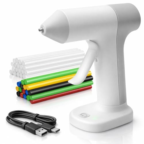 Waitley Heißklebepistole Akku mit 2000 mAh und 20 Klebesticks, 7×140 mm | Großer Standfuß, 30s Aufheizzeit, bis zu 60 Min. kabellos, USB-C-Laden und präzise 1,7-mm-Anti-Tropf-Düse