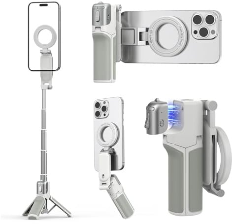 AMAZEAR Treppiede smartphone (4 in 1), Selfie stick magnetico multifunzionale per iPhone, Impugnatura portatile per smartphone con telecomando Bluetooth rimovibile e zoom regolabile, Bianco