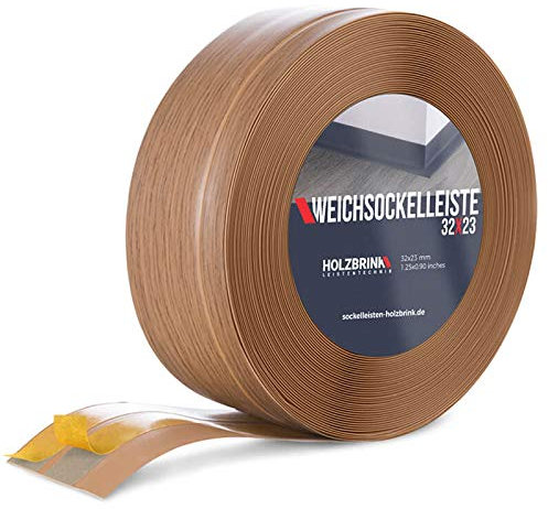 HOLZBRINK Weichsockelleiste selbstklebend PVC 32x23mm, 25 m | Küchenleiste Arbeitsplatte | Abschlussleiste selbstklebend für Badezimmer | Farbe: Eiche Hell