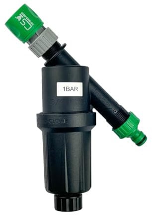 Wasserfilter 125 Micron mit Druckminderer 1.0 bar und Hahnanschluss und Schnellschlauchstück für die Gartenbewässerung mit CS Perlschlauch/Gartenschlauch