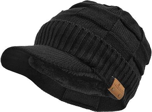 Männer Gestrickte Visier Mütze Vlies Gefüttert Stulpe Winter Täglich Strickmützen (Plaid-Schwarz)