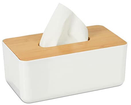 Relaxdays Tücherbox mit Deckel aus Bambus, fürs Bad, modernes Design, Kunststoff, H x B x T: 10 x 23 x 13 cm, weiß/natur