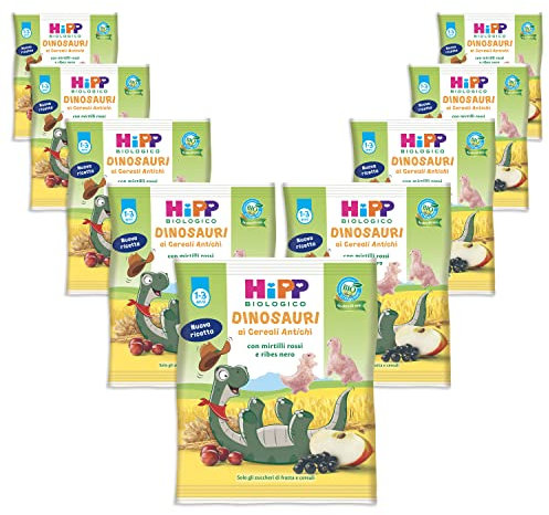 HiPP - Dinosauri ai Cereali Antichi, Snack Biologico per Bambini con Mirtilli Rossi e Ribes Nero, 9 Confezioni da 30 gr