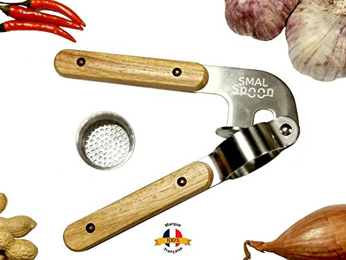 SMAL Spoon - Presse-Ail Qualité Professionnelle En Acier Inoxydable Avec Manche Antidérapant En Bois Naturel De Chêne - Nettoyage Facile - Marque Française