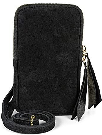 styleBREAKER Damen Handy Umhängetasche Veloursleder | 12x19x2,5 cm Crossbody-Bag, 1 Hauptfach mit Zipper, 72-130 cm Schulterriemen, weiches Innenfutter, lange Schiebergriffe.