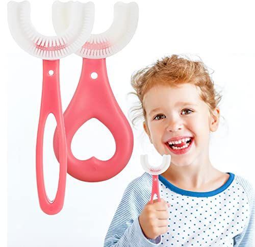 Runmeihe 2 cepillos de dientes en forma de U para niños, cepillo de dientes de silicona suave de grado alimenticio, limpieza de dientes de cabeza, cuidado oral de 360°, cepillos de dientes para niños