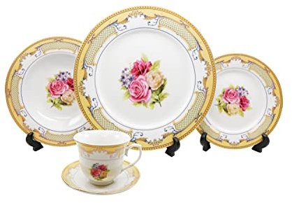 Royalty Porcelain 20-pc Dinner Set 'Pale Roses', Gold Plated Vintage Flower, Premium Dinnerware