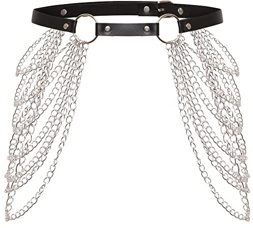 Ro Rox Layered Belt Chains Rory Faux Leather Gothic Punk O-ring Buckle Silver Emo - Black - L