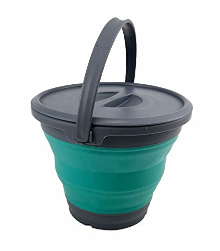 SAMMART 5.5L Collapsible Plastic Bucket with Lid - Foldable Round Tub with Lid - Portable Fishing Water Pail - Space Saving Outdoor Waterpot. (Grey/Turquoise Blue)