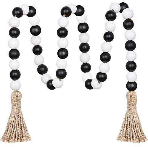 Meplait Wood Bead Garland,39in Farmhouse Beads with Tassels Boho Beads for Tiered Tray Decorative Beads Home Decor(Black & White)