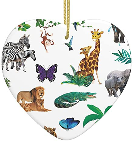 Cartoon Zoo Wild Jungle Animals Christmas Ceramic Heart Ornaments Christmas Tree Hanging Decorations Souvenir Decor Gift For Family Friends