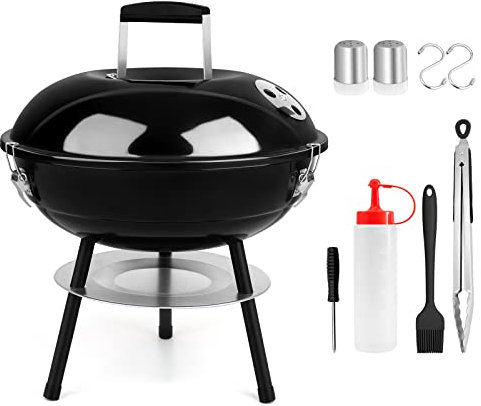 HaSteeL 14 Inch Charcoal Grill, Mini Enamel BBQ Grill Set of 9, Portable for Outdoor Cooking Backyard Garden Camping Picnic Barbecue, Include Fork, Brush, Bottle, Salt Shakers, Hooks, Screwdriver