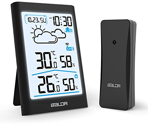 BALDR - Stazione Meteo con Sensore Esterno, Stazione Meteorologica Wireless con Sveglia, Tempo Data Temperatura umidità Previsioni di Tempo,Previsioni Meteo, Retroilluminazione Regolabile (Nero)
