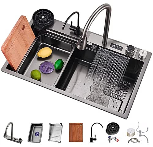 Wasserfall Küchenspüle Workstation Küchenspüle Mit Zubehör Vielseitige Edelstahl Einzelschüssel Küche Workstation Spüle Dual-Mount (Color : Schwarz, S : 75x46x21cm)