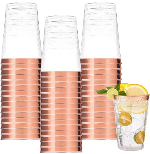 60 vasos de plástico duro de 300 ml con corte de oro rosa, reutilizables, vasos de chupito, vasos de fiesta, juego para bebidas, champán, cócteles, vasos de plástico para cumpleaños, bodas