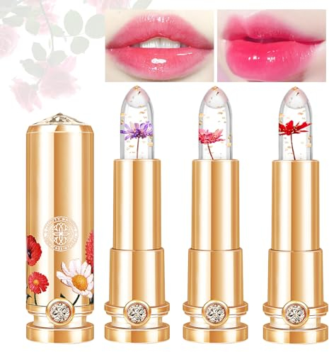 Desing Wish 3 Stück Lippenstift Set Blumen Temperaturempfindlicher Faebverändernder Pink Magic Lip Farbwechselnder Lippenstift Crystal Jelly Flower Color Changing Lipstick Lip Balm Mädchen Geschenk