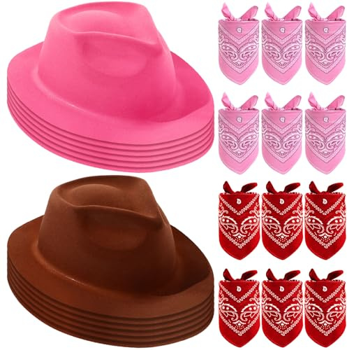 Haysandy 24 Pieces Western Cowboy Hat Set, Felt Cowboy Themed Party Hats with Paisley Bandanas for Kids Costume Party(Brown, Pink, Red)