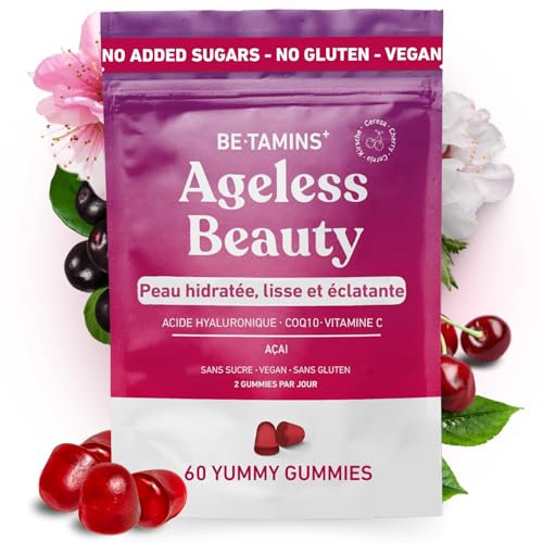 Beauty Gummies Acide Hyaluronique Sans Sucre et Q10 Coenzyme, Vitamine C Açai - Hydratation Anti-âge Élasticité et Brillance pour votre Peau - Avec Antioxydants Naturels 60 Gummies Vitamine