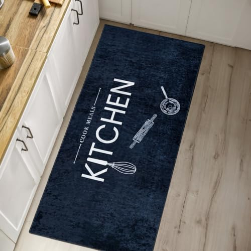 Mazovia Küchenteppich 80 x 200 cm Küchenläufer Waschbar bei 30°C - rutschfest, Tierfreundlich und Pflegeleicht - Kurzflor Teppich Läufer für Küche Kitchen Marineblau Blau