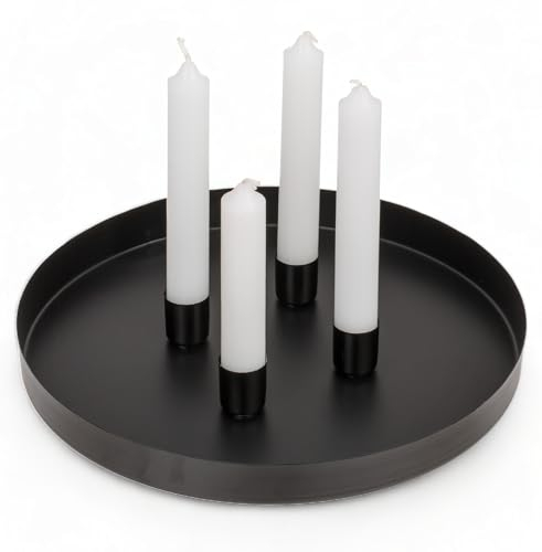 MIJOMA - Rundes Metall-Tablett Ø25cm, Ideal für Advent & Alltagsdekoration, Pulverbeschichtet, Mit 4 Magnetischen Stabkerzenhaltern für Kerzen Ø2cm, Individuell Arrangierbar (Schwarz)