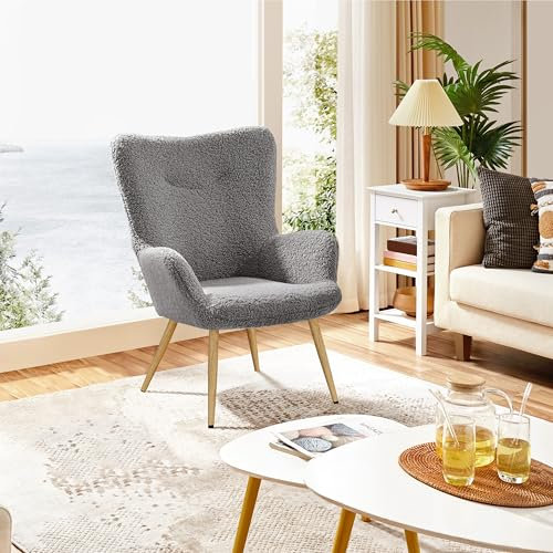 Yaheetech Boucle Armchair, Sherpa Fuzzy Tub Chair Lounge Chair with High Back for Living Room Bedroom Study, Grey