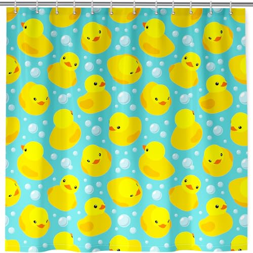 ANHOPE Rideau de Douche Dessin Animé Jaune Canard Anti Moisissure Lavable Imperméable Tissu Polyester Rideaux de Douche avec 12 Crochets pour Salle de Bain Baignoire Famille Hôtel 180 x 180 cm