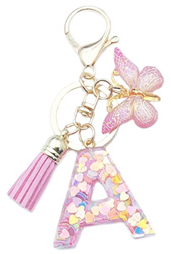 Xsclpomddy Porte-clés mignon pour fille avec lettres de l'alphabet et paillettes en résine rose avec papillon, a, taille unique