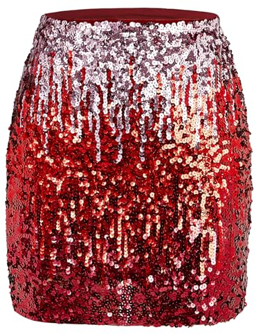 Durio Pailettenrock Für Damen Glitzer Rock Kurz Damen Sexy Midi Skirt Hüftrock mit Elastische Taille Party Rave Outfit Rot/Rosa M