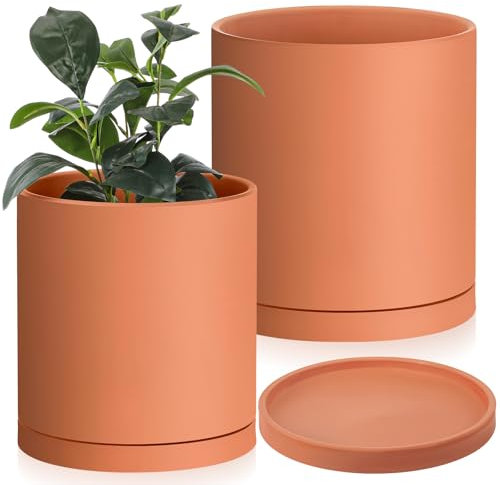 Jingmore Macetas grandes de terracota de 10 pulgadas con agujero de drenaje y platillo, maceta cilíndrica redonda, maceta grande para plantas de interior y exterior