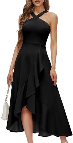 Bbonlinedress Black Halter Cocktail Formal Wedding Guest Dress Women Evening Party Prom Ruffled Maxi Hi-Lo Dress Black L