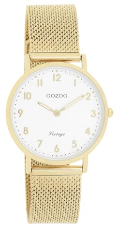 Oozoo Vintage Damen Uhr Gold/Weiß | Armbanduhr Damen mit Mesharmband | Moderne Uhr für Frauen | Edle Analog Damenuhr in rund C20347 (32mm Gehäuse)