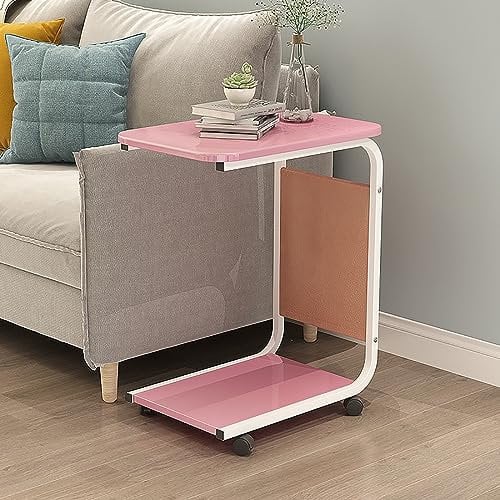 ZCFXIFGF C-Shape Table with Wheels, Mobile Laptop Tray Table, Sofa Bedside Laptop Stand TV Tray with Storage Shelves, Snack Side Table (Color : Pink)