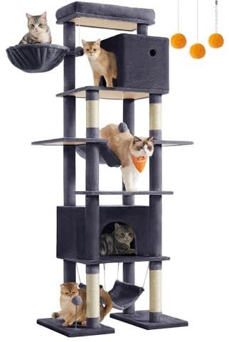 Feandrea Arbre à Chat 201 cm, Forme de Tour, Taille XXL, Multi-Niveaux, 1 Plateforme, 1 Panier, 2 Niches, 2 Hamacs, Dispositif Anti-Basculement, Gris Foncé PCT195G02