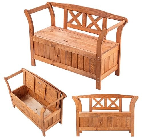 KADAX Banco de jardín, 119 x 43 x 75 cm, banco de madera con espacio de almacenamiento y respaldo, banco de madera resistente a la intemperie para jardín, balcón (119 cm/roble dorado)