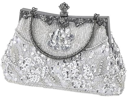 YUEZHAN Abendtasche Damen Clutch Damen Bestickte Perlen Pailletten Abend Handtasche Vintage Umhängetasche Geldbörse Für Hochzeit Braut Abschluss Ball Party Elegante Top Griff Tasche Silber