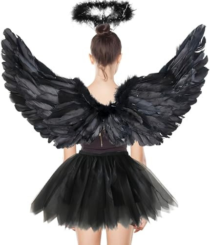 YeahBoom Disfraz de ángel negro para adultos, 3 unidades de disfraz de ángel negro, 80 cm, falda de tul de 70 – 110 cm, alas de ángel para mujer, alas de ángel para adultos, falda tutú, alas de ángel