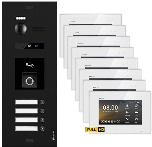 Balter EVO HD Schwarz/Weiß Video Türsprechanlage mit Fingerprint Set für 4 Familienhaus (1x Türstation mit Full HD-Kamera, 8X 7 Zoll Monitor, 2-Draht Bus, RFID, 175° Weitwinkel)