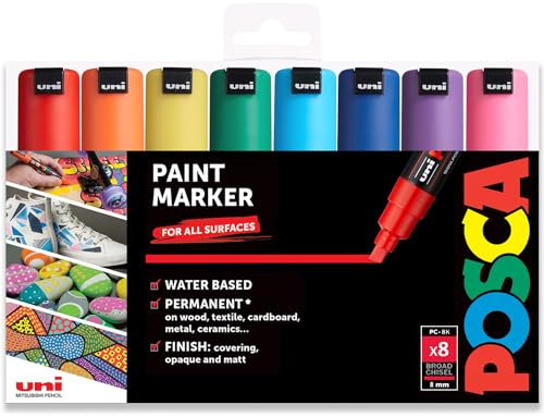Posca PC-8K Permanent-Marker Stifte auf Wasserbasis, 8 mm Keilspitze, 8 Stück in Kunststoffhülle, Essential Tones