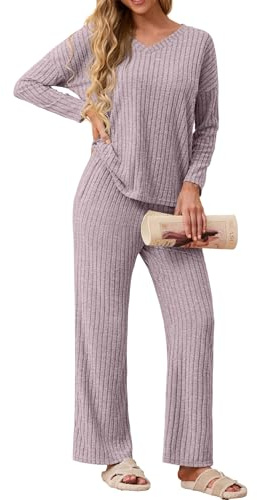 GRECERELLE Ensemble 2 pièces pour Femme Élégant Côtelé Vêtement d'intérieur Tenue d'automne Ensemble
